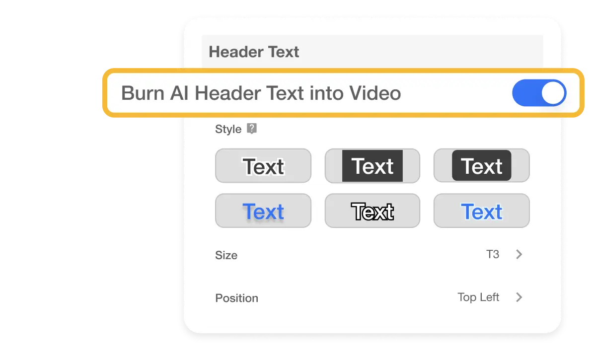 AI Video editing tools - Interface showing AI-Generated On-Screen Text feature for creating captions, titles, and key points that match the video's style and content, enhancing visual appeal and informativeness.